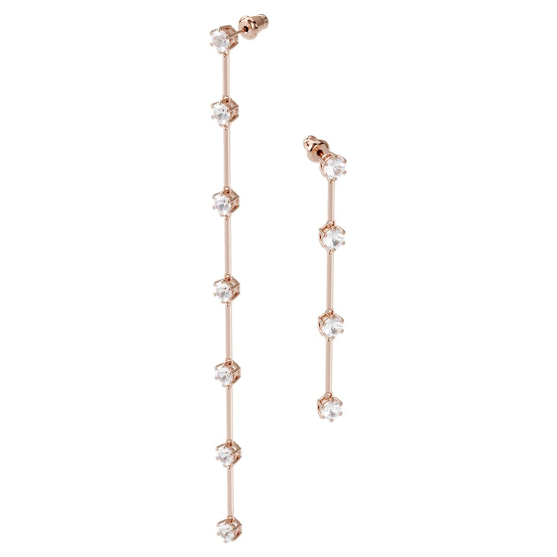 Constella drop earrings, Asymmetrical design, Round cut, White, Rose gold-tone plated