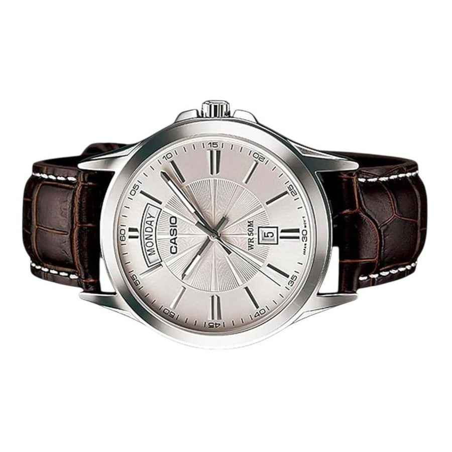 Casio Analogue, Silver Face, Brown Leather Band MTP1381L-7A