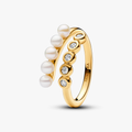 14k Gold-plated open ring with white treated freshwater cultured pearl and clear cubic zirconia 163146C01-54 (High Resolution)