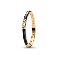 14k Gold-plated ring with clear cubic zirconia and black enamel 163686C01