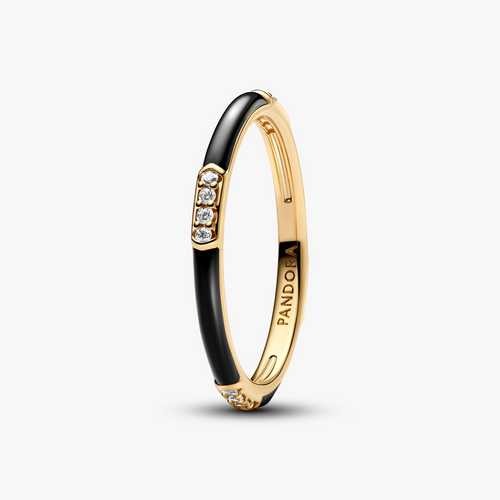 14k Gold-plated ring with clear cubic zirconia and black enamel 163686C01 (High Resolution)