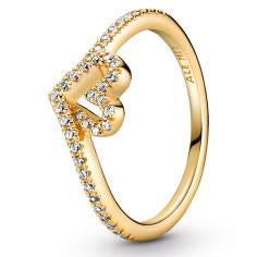Heart and wishbone 14k gold-plated ring with clear cubic zirconia 169302C01-60