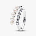 Sterling silver open ring with white treated freshwater cultured pearl and clear cubic zirconia 193145C01-54 (High Resolution)