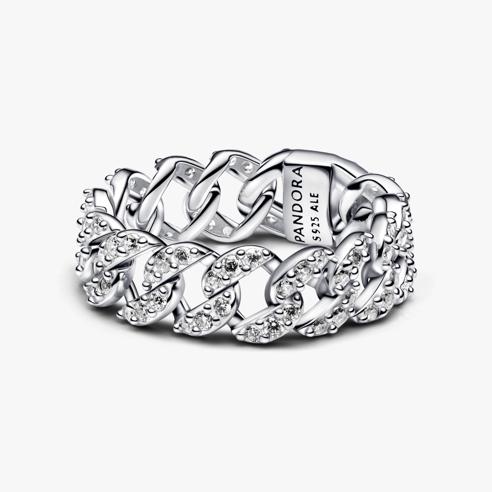 Cuban chain sterling silver ring with clear cubic zirconia 193557C01-54 (High Resolution)