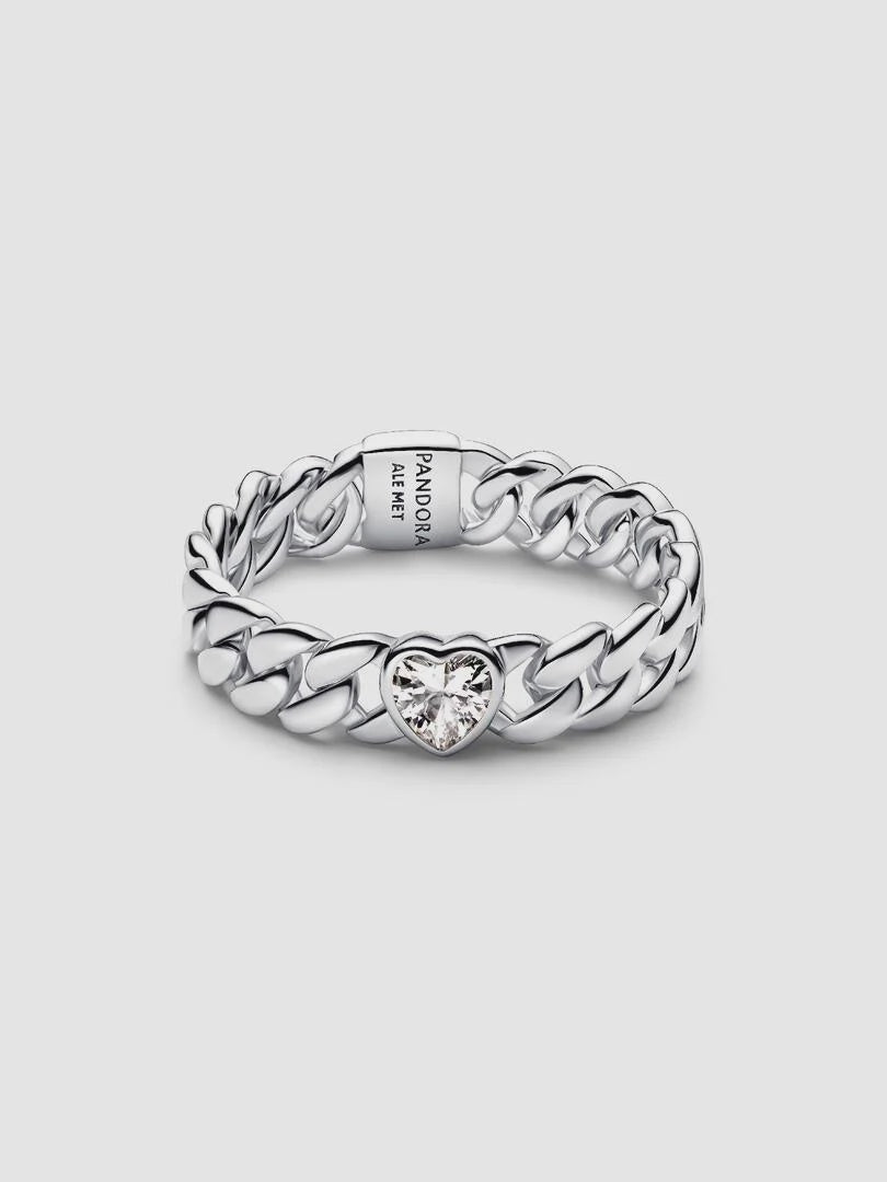 Heart Cuban Chain Ring Silver