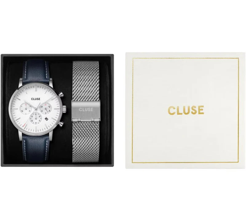 CLUSWE Aravis Chrono Silver Mesh Band and Navy Blue leather strap CG21004