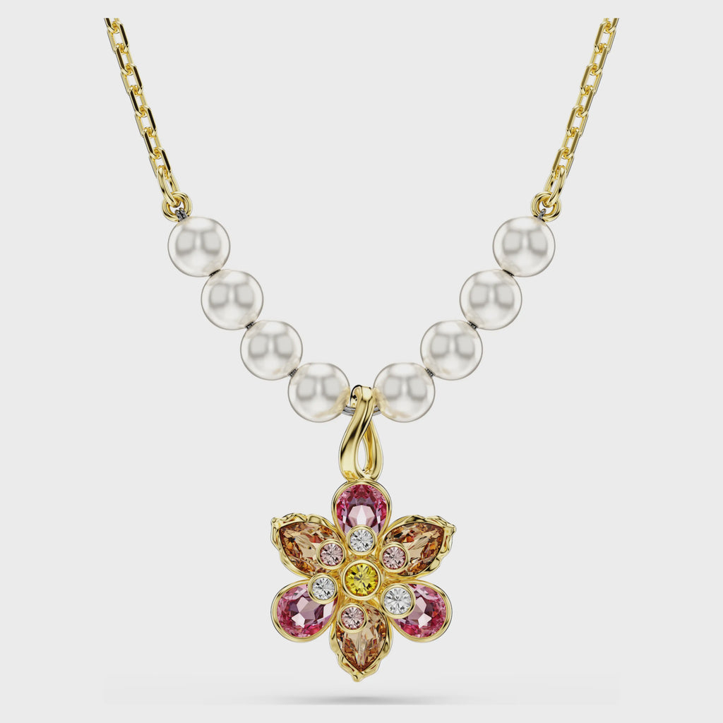 Idyllia pendant Crystal pearl, Mixed cuts, Flower, Multicoloured, 18k gold finish 5723140