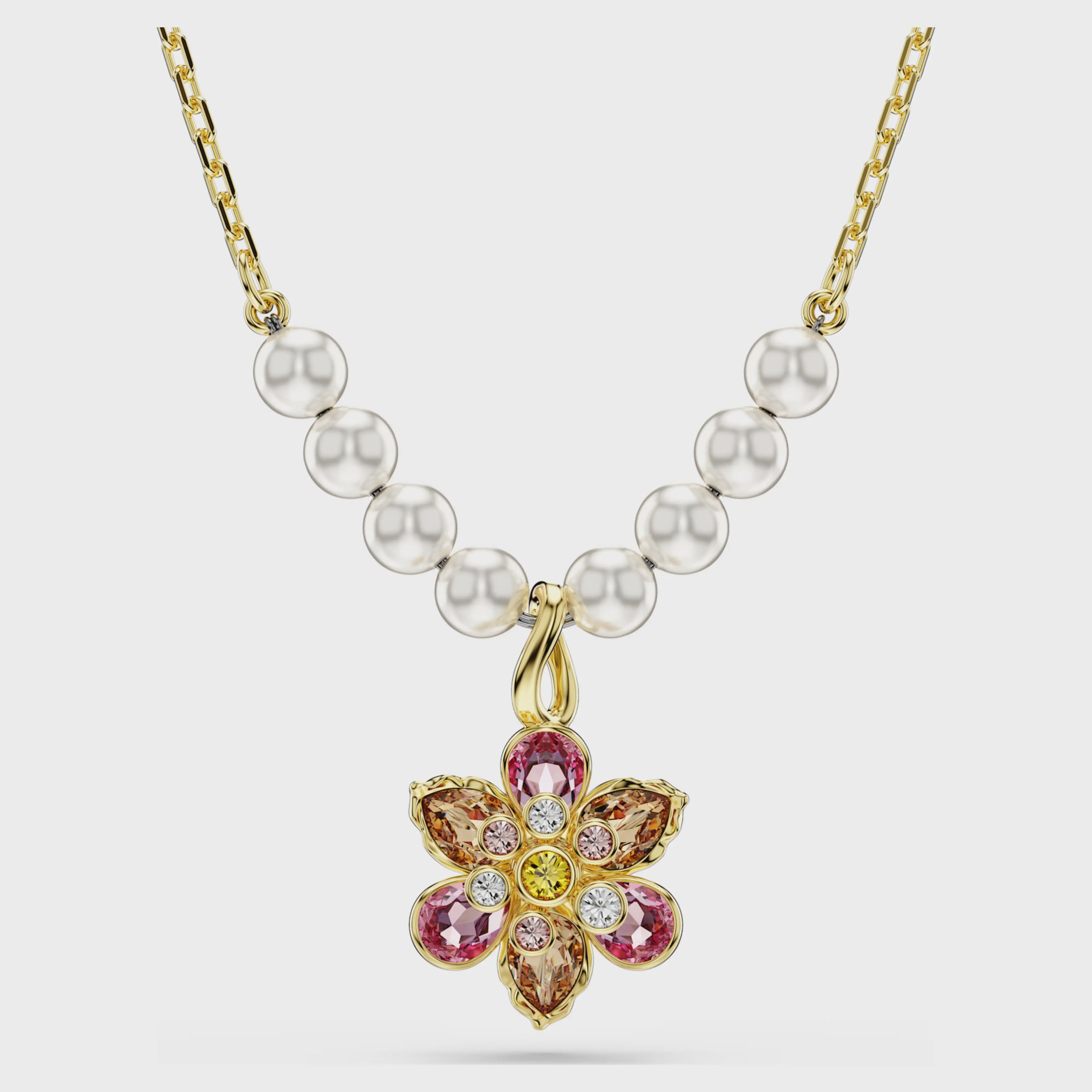 Idyllia pendant Crystal pearl, Mixed cuts, Flower, Multicoloured, 18k gold finish 5723140
