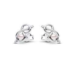 Infinity knot sterling silver stud earrings with pink lacquered artificial pearl and clear cubic zirconia 293761C01