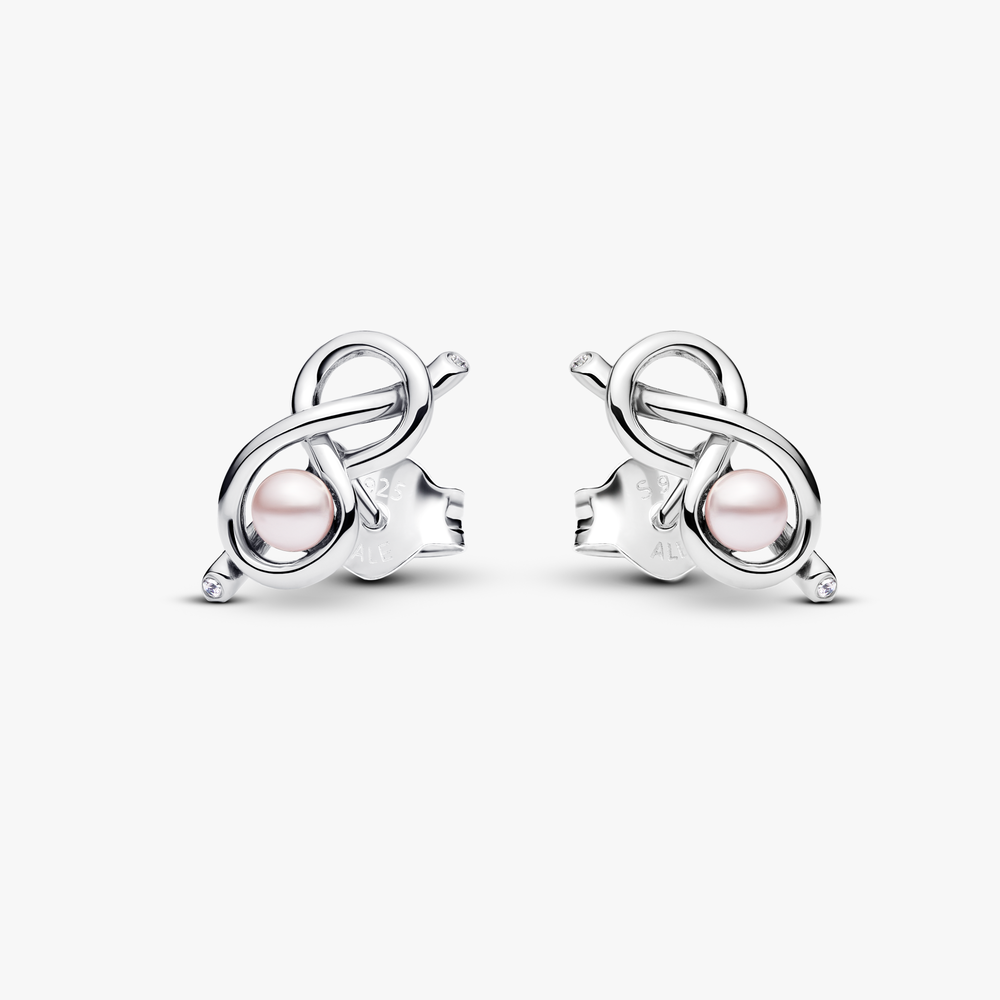 Infinity knot sterling silver stud earrings with pink lacquered artificial pearl and clear cubic zirconia 293761C01 (High Resolution)