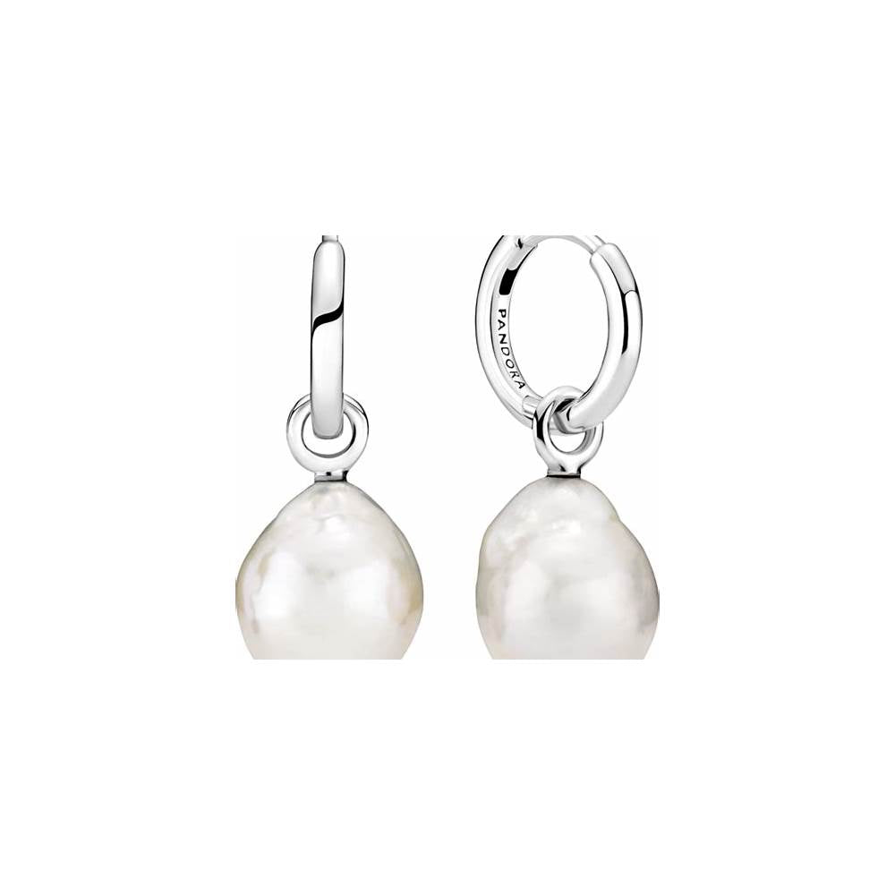 Sterling silver hoop earrings with baroque white freshwater cultured pearl 299426C01 (High Resolution)