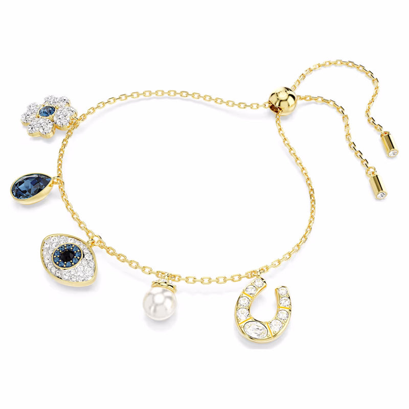 Symbolica bracelet Crystal pearl, Clover, evil eye and horseshoe, Blue, Gold-tone plated