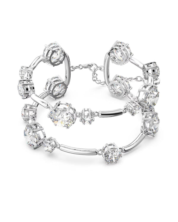 Constella double bangle, Round cut, White, Rhodium plated