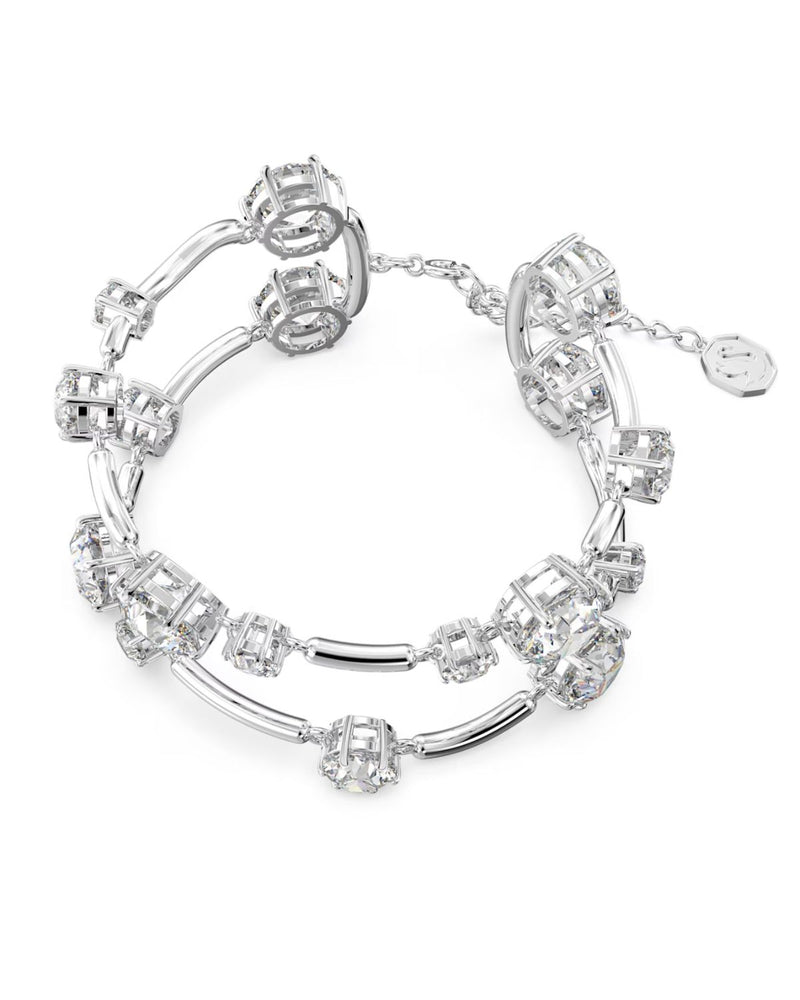 Constella double bangle, Round cut, White, Rhodium plated