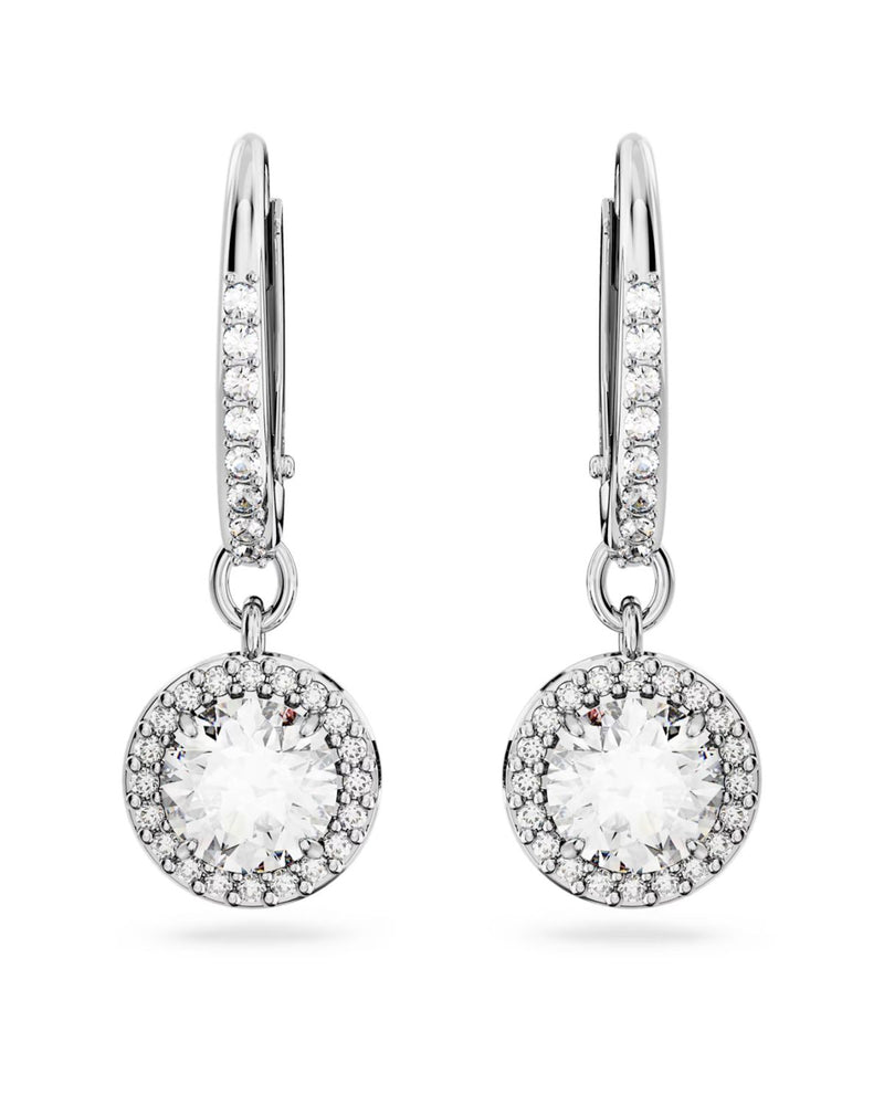 Constella drop earrings, Round cut, PavÃ©, White, Rhodium plated