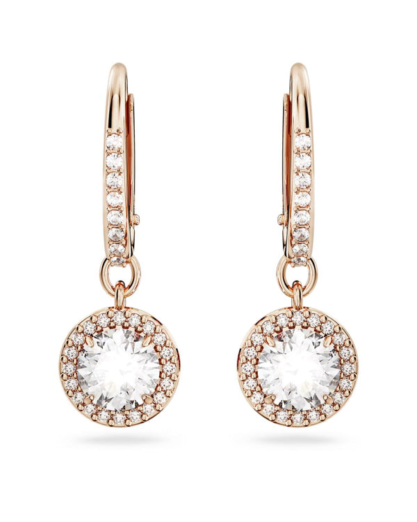 Constella drop earrings, Round cut, PavÃ©, White, Rose gold-tone plated