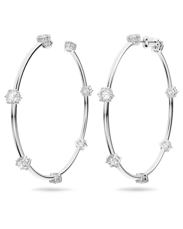 Constella hoop earrings, Round cut, Small, White, Rhodium plated