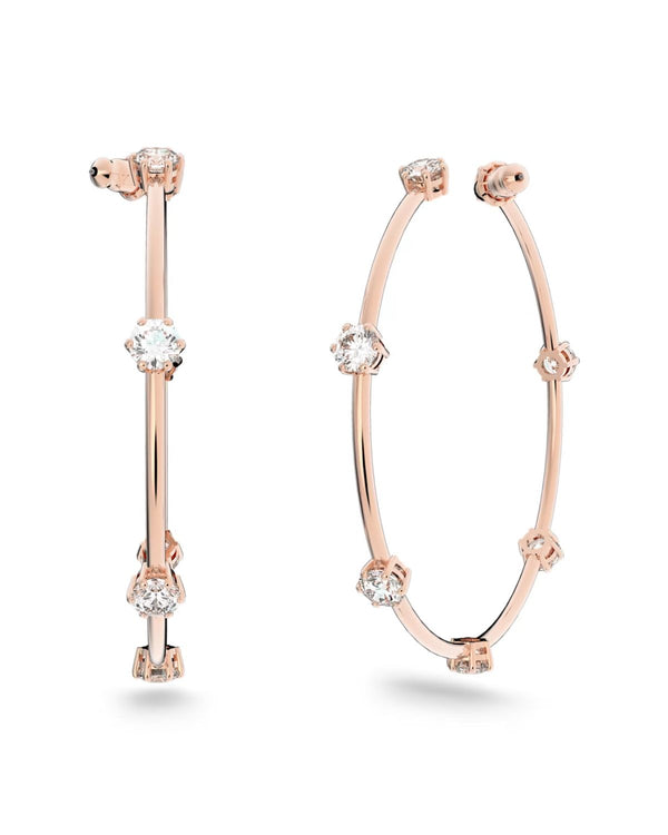 Constella hoop earrings, Round cut, Small, White, Rose gold-tone plated