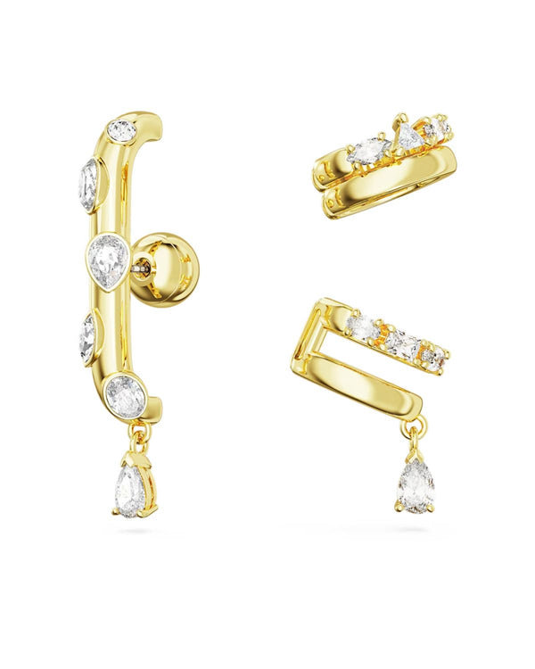 Dextera ear cuff, Set (3), Mixed cuts, White, Gold-tone plated