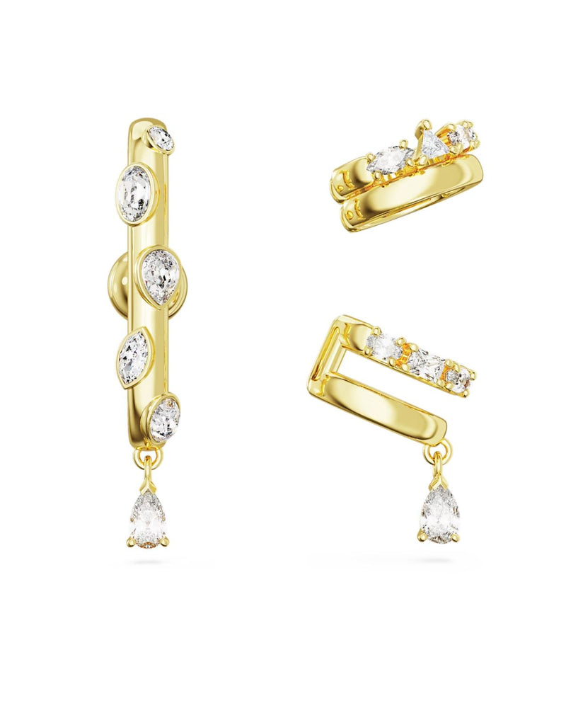 Dextera ear cuff, Set (3), Mixed cuts, White, Gold-tone plated