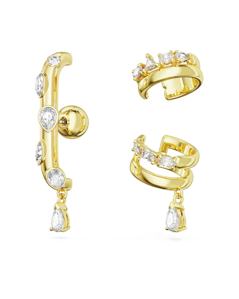 Dextera ear cuff, Set (3), Mixed cuts, White, Gold-tone plated