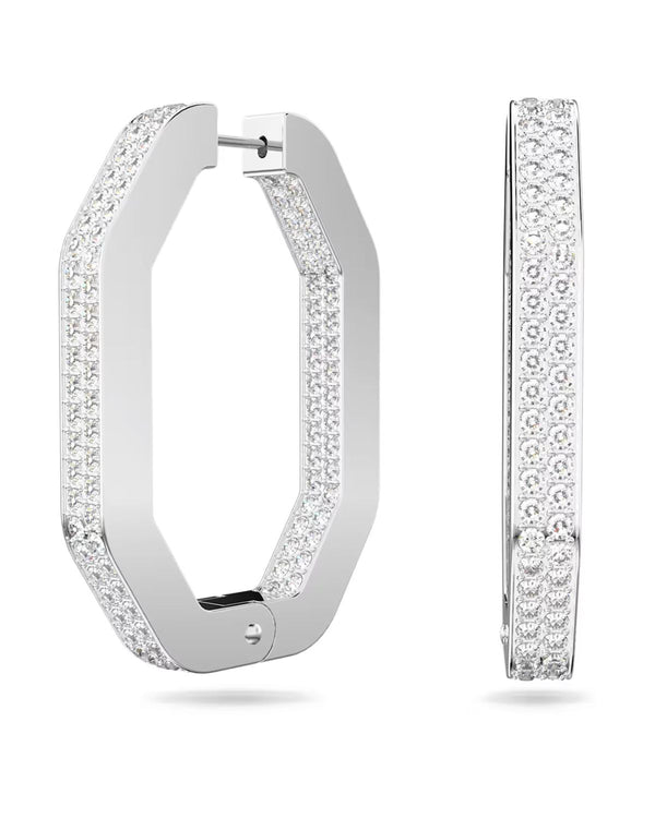 Dextera hoop earrings, Octagon shape, Large, White, Rhodium plated