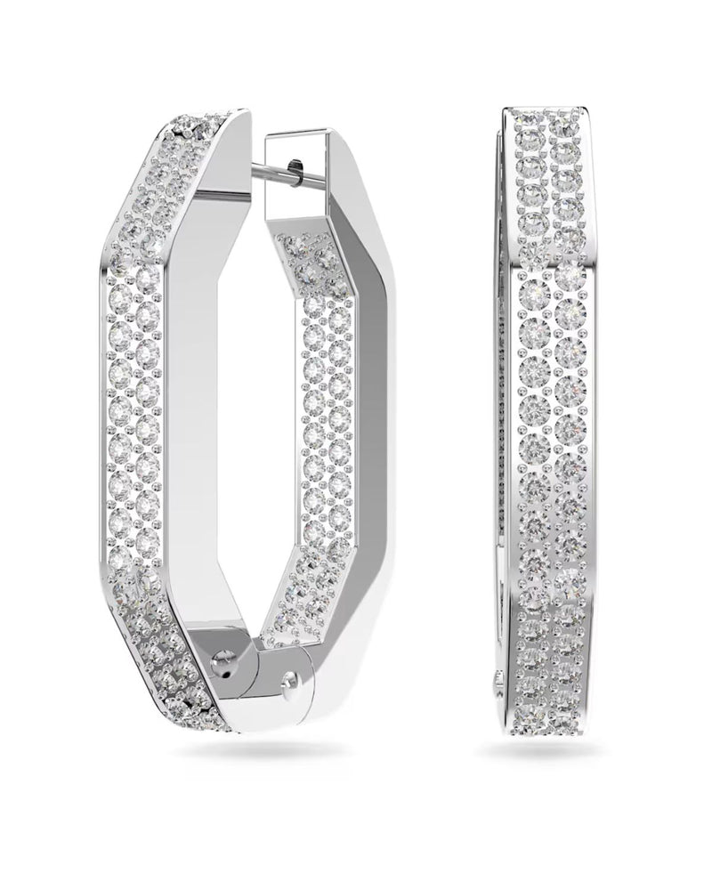 Dextera hoop earrings, Octagon shape, Medium, White, Rhodium plated