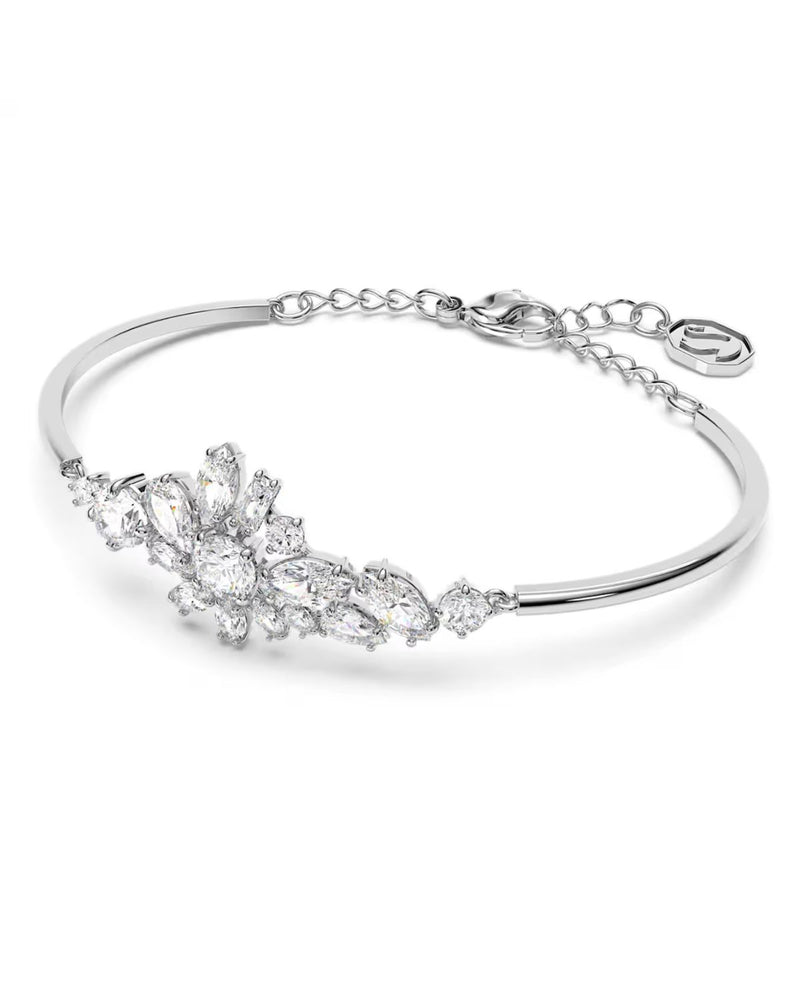 Gema bangle, Mixed cuts, Flower, White, Rhodium plated