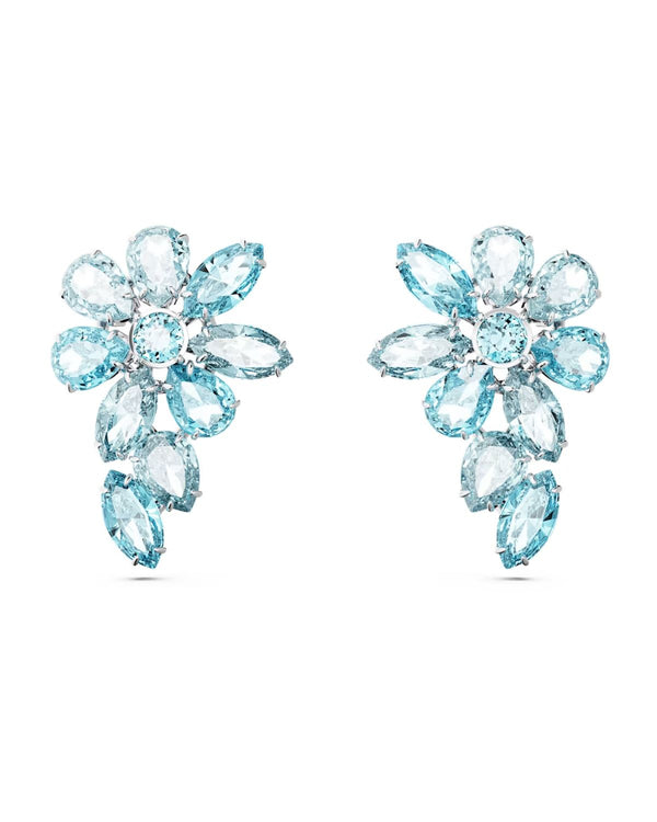 Gema drop earrings, Mixed cuts, Flower, Blue, Rhodium plated