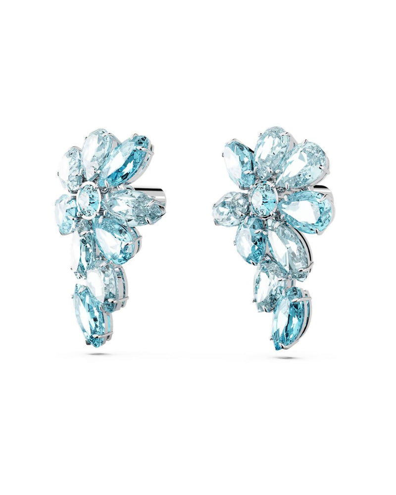 Gema drop earrings, Mixed cuts, Flower, Blue, Rhodium plated