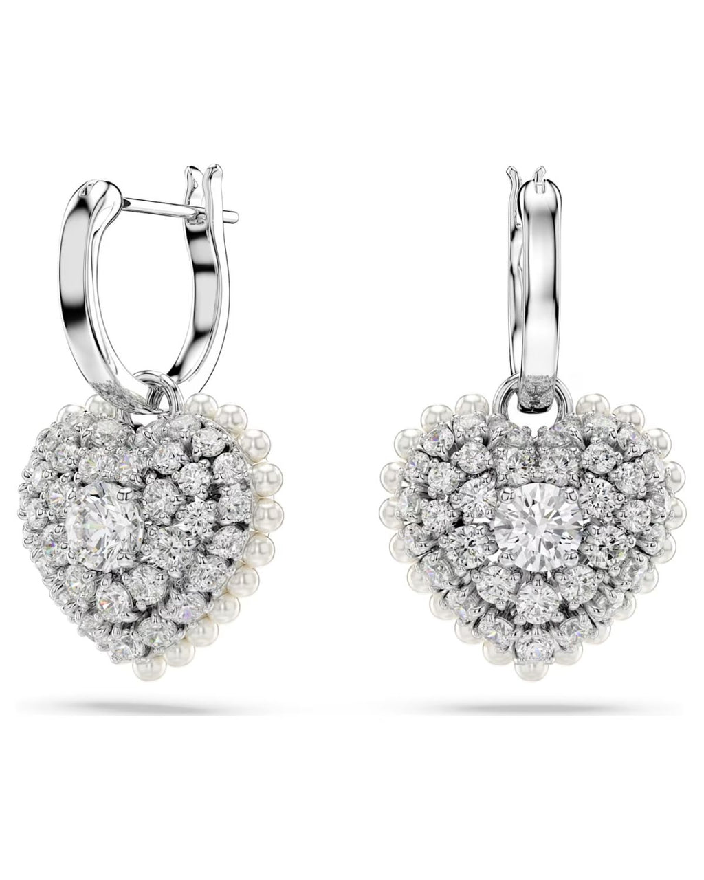 Idyllia drop earrings Crystal pearl, Heart, White, Rhodium plated 5684384