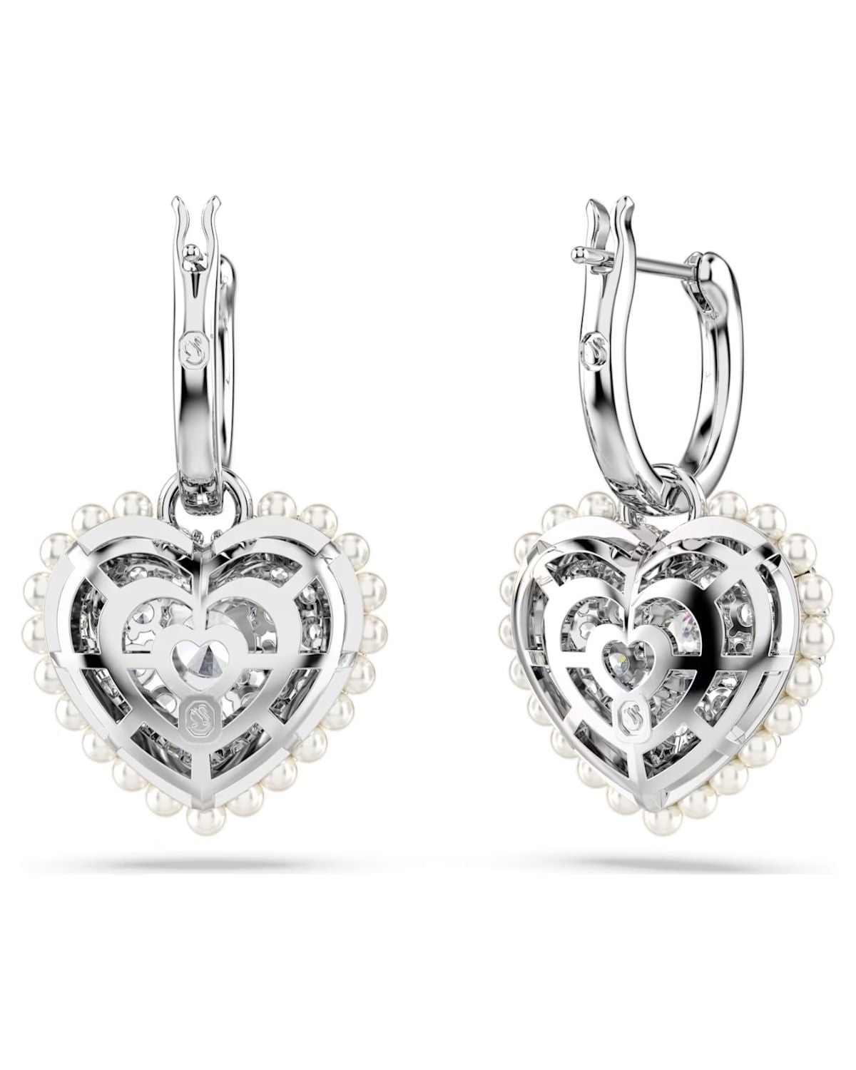 Idyllia drop earrings Crystal pearl, Heart, White, Rhodium plated 5684384