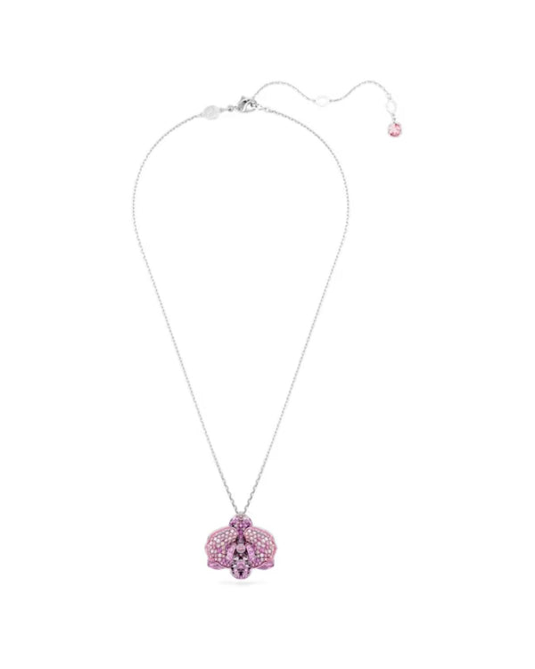 Idyllia pendant, Flower, Pink, Rhodium plated