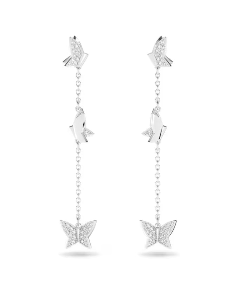 Lilia drop earrings, Butterfly, Long, White, Rhodium plated