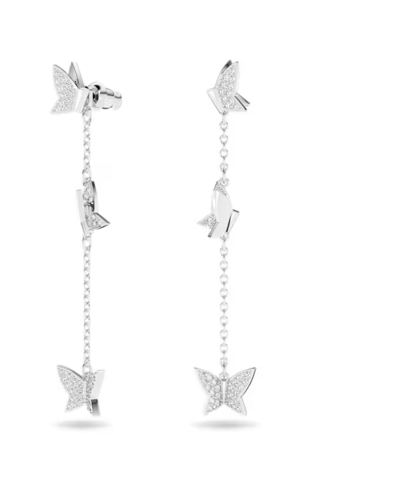 Lilia drop earrings, Butterfly, Long, White, Rhodium plated