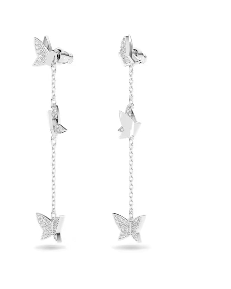 Lilia drop earrings, Butterfly, Long, White, Rhodium plated