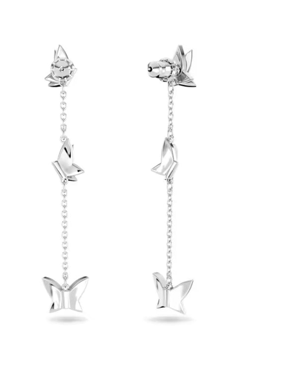 Lilia drop earrings, Butterfly, Long, White, Rhodium plated