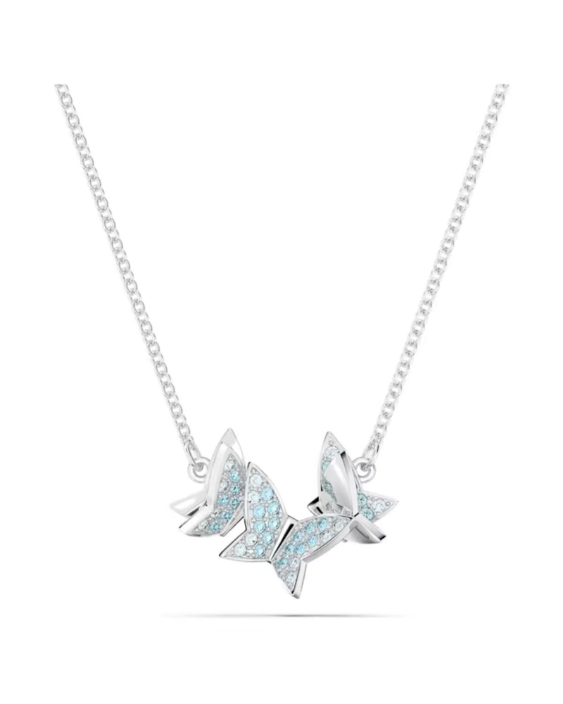 Lilia necklace, Butterfly, Blue, Rhodium plated