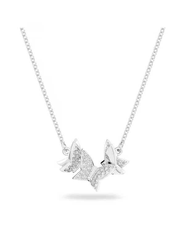 Lilia necklace, Butterfly, White, Rhodium plated