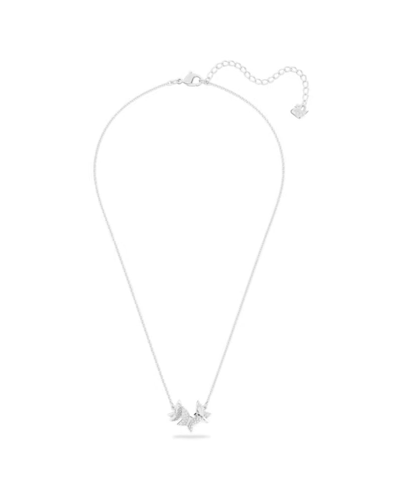 Lilia necklace, Butterfly, White, Rhodium plated