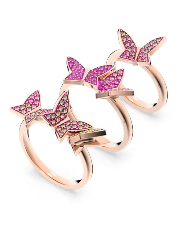 Lilia ring, Set (3), Butterfly, Pink, Rose gold-tone plated