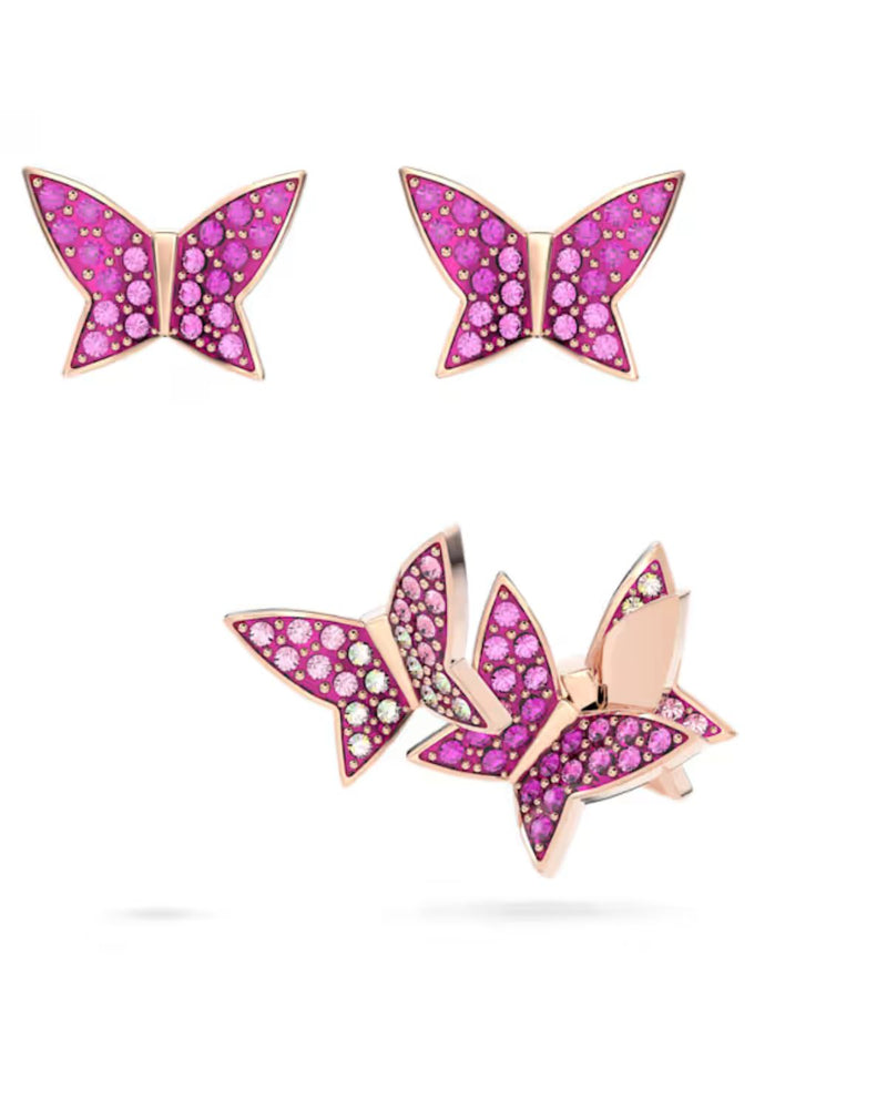 Lilia stud earrings, Set (3), Butterfly, Pink, Rose gold-tone plated