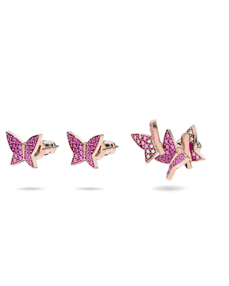 Lilia stud earrings, Set (3), Butterfly, Pink, Rose gold-tone plated