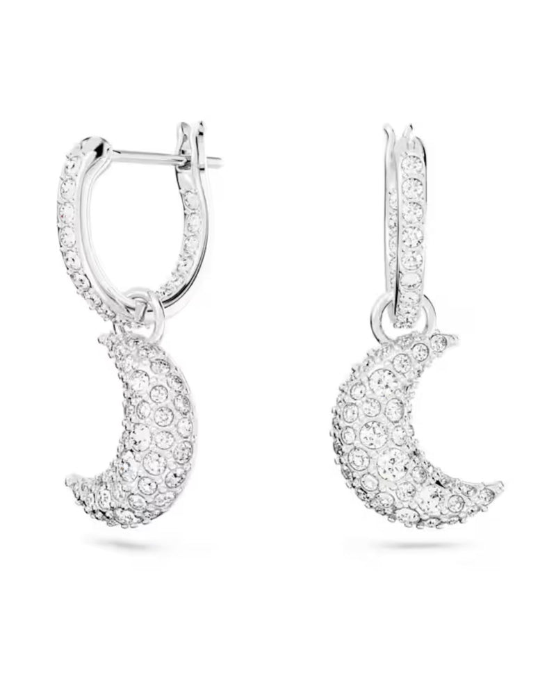 Luna drop earrings, Moon, White, Rhodium plated