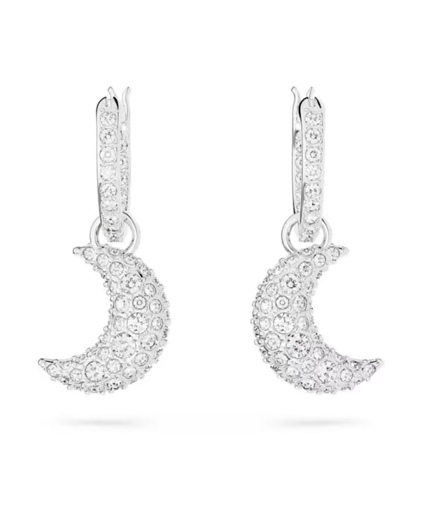 Luna drop earrings, Moon, White, Rhodium plated