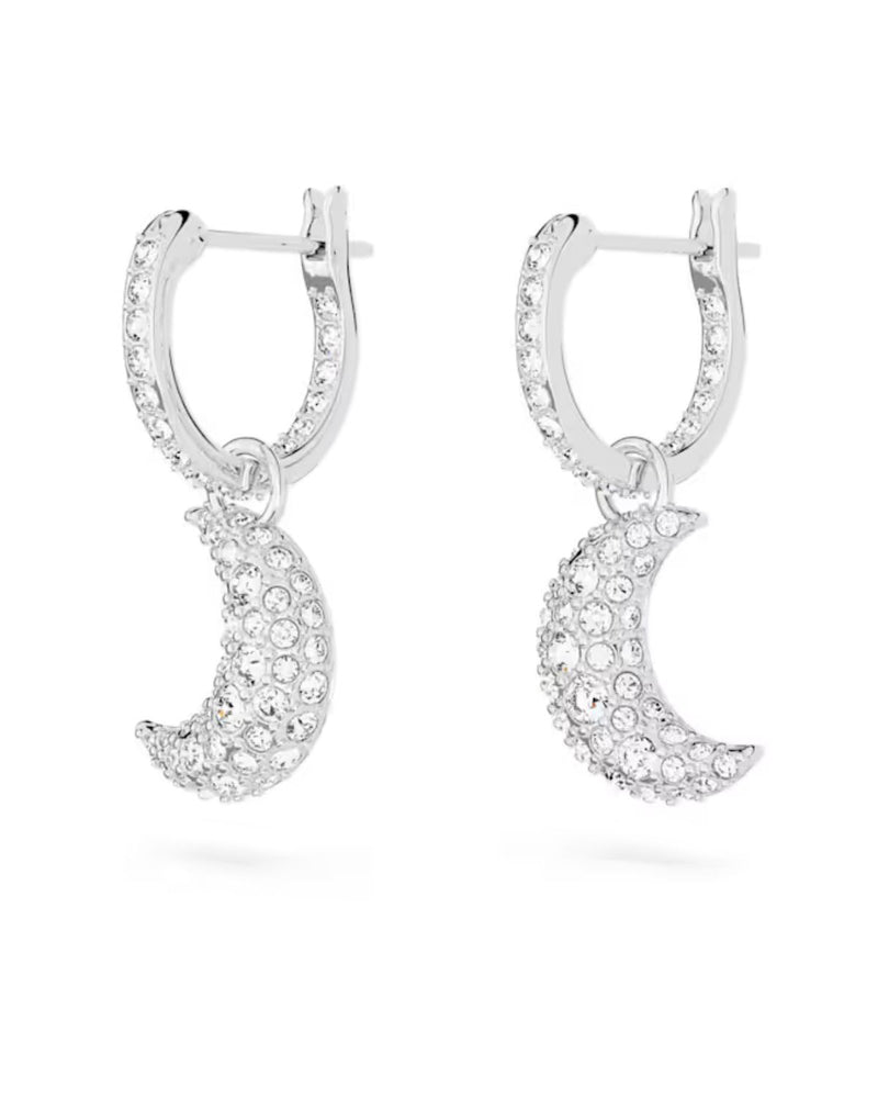 Luna drop earrings, Moon, White, Rhodium plated