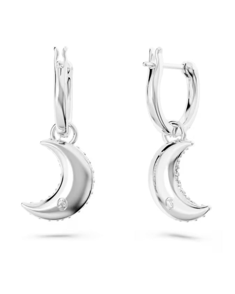 Luna drop earrings, Moon, White, Rhodium plated