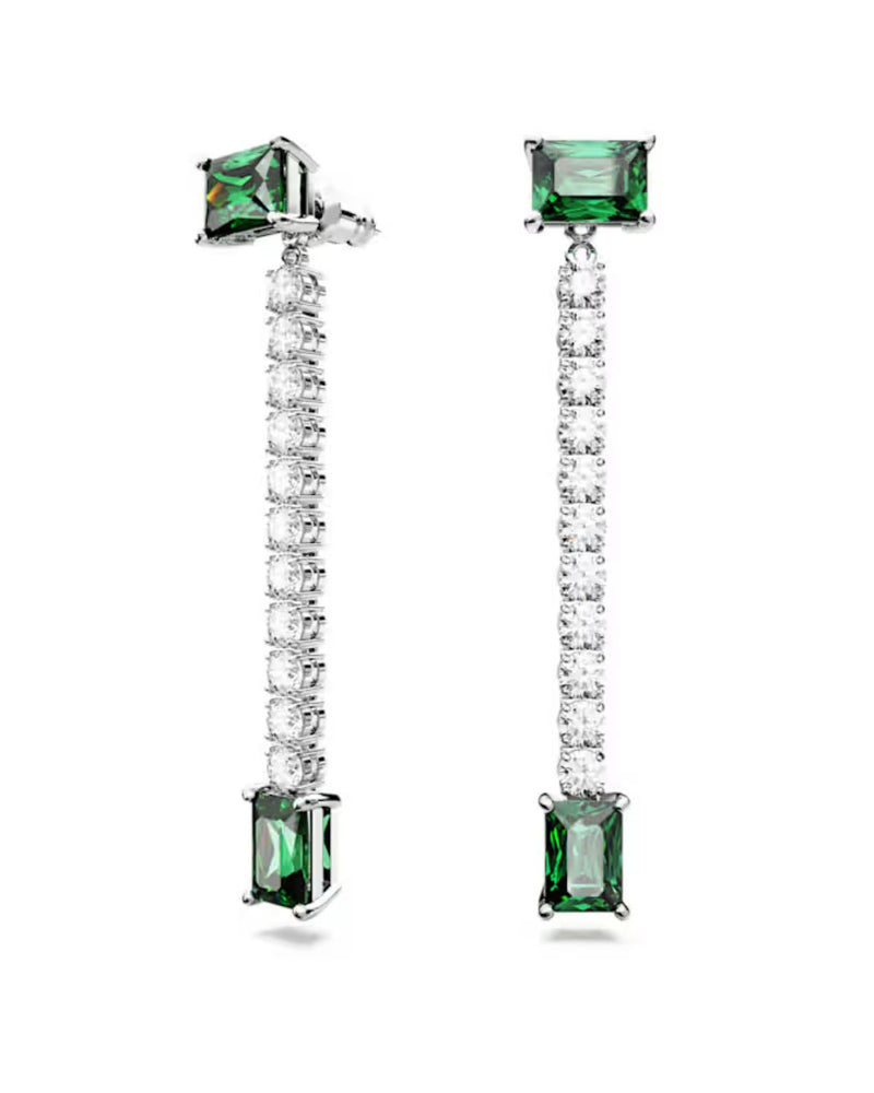 Matrix drop earrings, Mixed cuts, Green, Rhodium plated