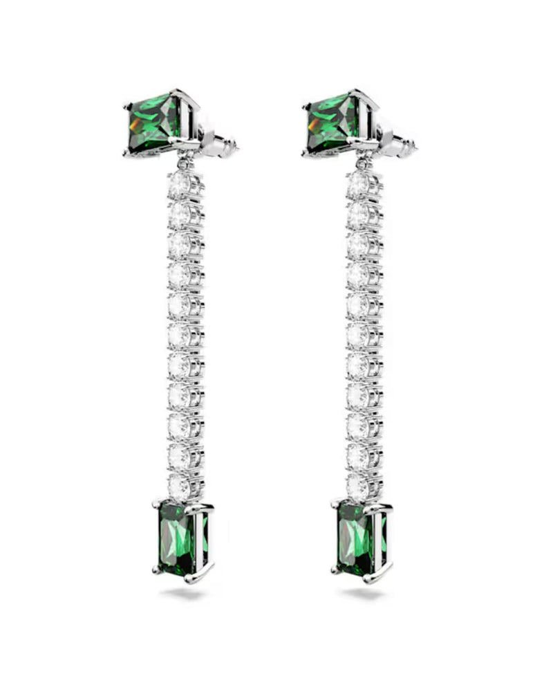 Matrix drop earrings, Mixed cuts, Green, Rhodium plated