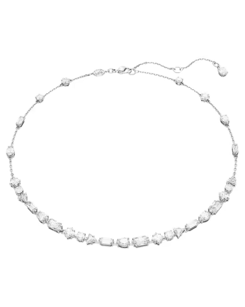 Mesmera necklace, Mixed cuts, Scattered design, White, Rhodium plated